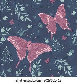 Vector seamless pattern with butterflies and leaves. Contemporary composition. Trendy texture for print, textile, packaging.