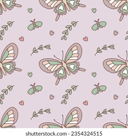 Vector seamless pattern with butterflies, leaves, hearts. Illustration for fabric, textile, background, wallpaper, wrapping paper