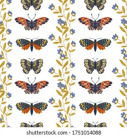 Vector seamless pattern with butterflies, moths and flowers. Decoration print for surface pattern, wrapping, wallpaper, fabric, textile. Spring background.