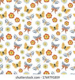 Vector seamless pattern with butterflies, moths and flowers. Decoration print for surface pattern, wrapping, wallpaper, fabric, textile. Spring background.