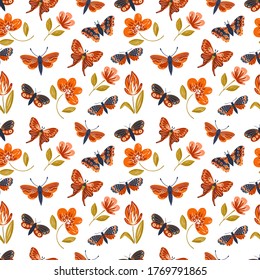 Vector seamless pattern with butterflies, moths and flowers. Decoration print for surface pattern, wrapping, wallpaper, fabric, textile. Spring background.