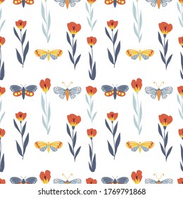Vector seamless pattern with butterflies, moths and flowers. Decoration print for surface pattern, wrapping, wallpaper, fabric, textile. Spring background.