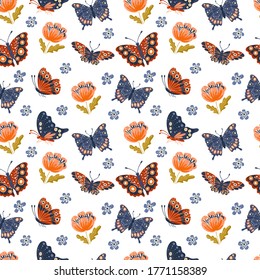 Vector seamless pattern with butterflies, moths and flowers. Decoration print for surface pattern, wrapping, wallpaper, fabric, textile. Spring background.