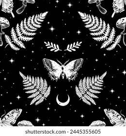 
Vector seamless pattern with butterflies, mushrooms and ferns. Mystical, magical aesthetics, wild nature, retro vintage engraving style