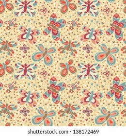 Vector seamless pattern with butterflies on the beige background