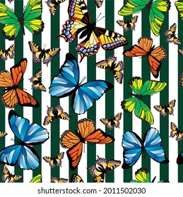 
Vector seamless pattern with butterflies on a striped background. Pattern for fabric, paper and wallpaper