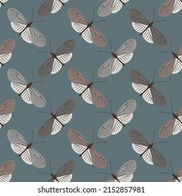 Vector seamless pattern with butterflies on white background. Brown and grey butterflies on blue background.