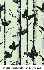 Vector seamless pattern with butterflies on sakura branches