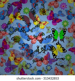 Vector seamless pattern with butterflies on blue background 