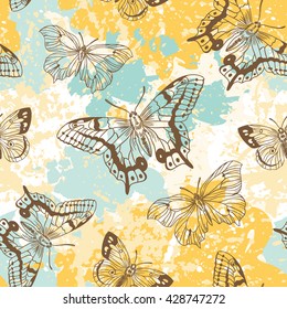 Vector seamless pattern with butterflies on splashes background. Hand painted  illustration.
