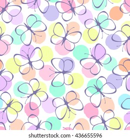 Vector seamless pattern with butterflies on a polka dot background.