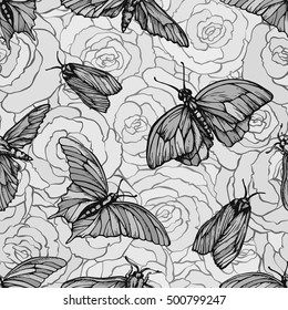 Vector seamless pattern with butterflies on roses. Stylish graphic texture. Monochrome repeating print