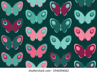 vector seamless pattern of butterflies in pink and green colours, main colour is green