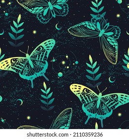 Vector seamless pattern with butterflies and stars. Contemporary composition. Trendy texture for print, textile, packaging.