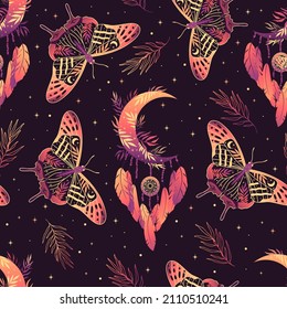 Vector seamless pattern with butterflies, stars and dreamcatcher. Contemporary composition. Trendy texture for print, textile, packaging.