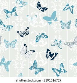 vector seamless pattern with butterflies and vintage flourish swirls, hand drawn background