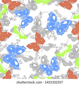 Vector seamless pattern with butterflies and wildflowers