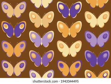 vector seamless pattern of butterflies in yellow and dark purple colours, main colour is yellow