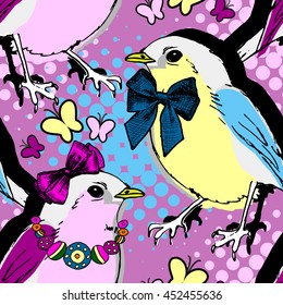 Vector seamless pattern with butterfly and bird with a bow 1.