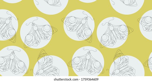 Vector seamless pattern with butterfly and circles, yellow background: black outline butterfly for fabric, wallpaper, wrapping paper, textile, package, web design
