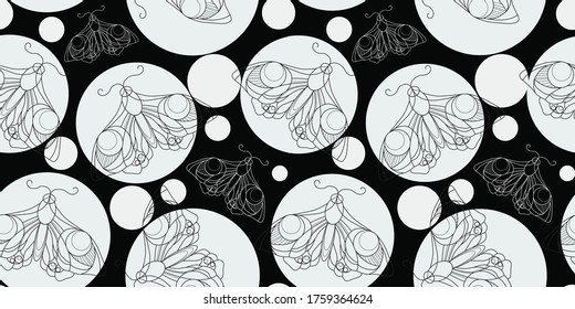 Vector seamless pattern with butterfly and circles: black outline butterfly for fabric, wallpaper, wrapping paper, textile, package, web design