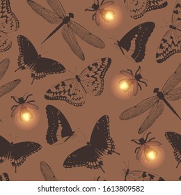 Vector seamless pattern with butterfly and firefly