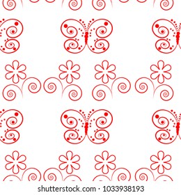 vector of seamless pattern with butterfly and flowers. Red line on white background

