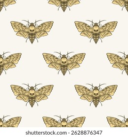 Vector seamless pattern with butterfly in the form of a dead head on a green background. Suitable for wallpaper, wrapping paper, fabric. No AI was used