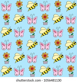 Vector seamless pattern butterfly, plant and bee