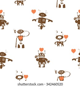 Vector seamless pattern by Valentine's Day with cartoon robots and hearts on  white background.