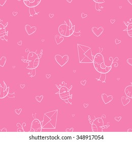 Vector seamless pattern by Valentine's Day with cartoon birds and hearts on  pink  background.