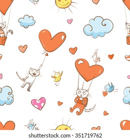 Vector seamless pattern by Valentine's Day with cartoon cats flying on parachutes in the sky.