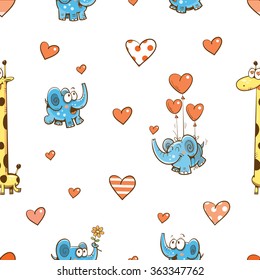 Vector seamless pattern by Valentine's Day with cute cartoon elephants, giraffes  and hearts on white  background.