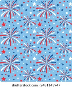 Vector seamless pattern with c Patriotic fireworks in the sky. Colorful background for Independence Day USA