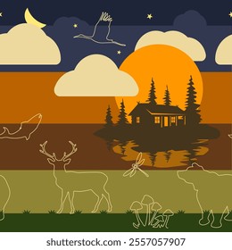 Vector seamless pattern of cabin core concept, modern stripe pattern with wildlife and cabin in the small island when the sunset, graphic design style.