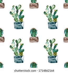 vector seamless pattern with cacti. cactus in a pot on a isolated background. Hand drawing. Painted. marble texture.design concept for invitations, wedding typography, floristry, textiles