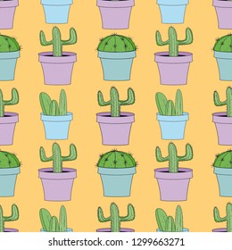 vector seamless pattern with cacti in flowerpots