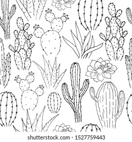 Vector seamless pattern with cacti. Linear monochrome hand-drawn illustration in cartoon style.