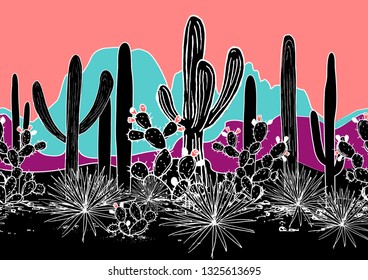 Vector seamless pattern with cacti, and mountains. Wild cactus Mexican forest with agave, saguaro, and prickly pear. Bright psychedelic palette