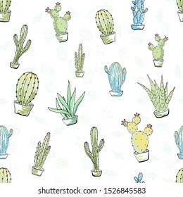 Vector seamless pattern with cacti. Multicolored hand drawn illustration in cartoon style.