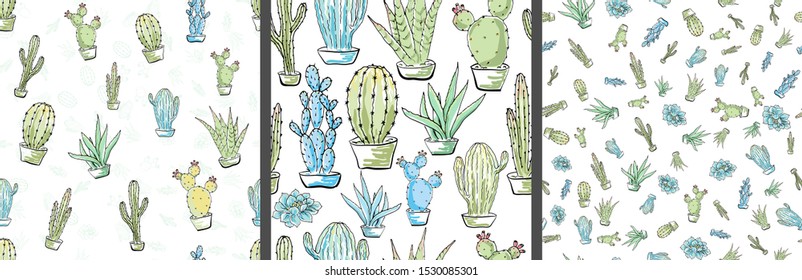 Vector seamless pattern with cacti. Multicolored hand drawn illustration in cartoon style.