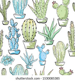 Vector seamless pattern with cacti. Multicolored hand drawn illustration in cartoon style.