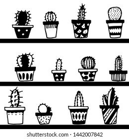 Vector seamless pattern with cacti in pots on the shelves.
