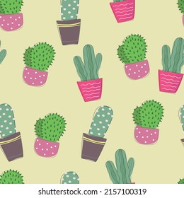 Vector seamless pattern cacti in pots, home plants in cartoon style
