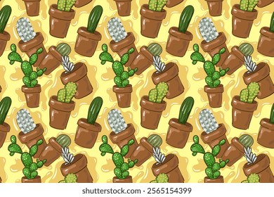 vector seamless pattern with cacti in pots. cute decorative, picturesque background. ornament with plants for printing on fabric, packaging, notebooks, postcards, menu.