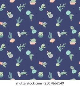 Vector seamless pattern with cacti and succulents. Cute repeating texture from house plants. Illustration for textile, wallpaper, wrapping paper. Eps 10