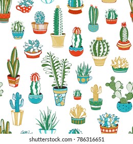 Vector seamless pattern of cacti and succulents. Cartoon cactuses and succulents in flowerpots and cups. Some of them are with prickles or flowers.