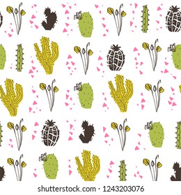 Vector seamless pattern with cactus, branches, floral & abstract elements isolated on white background. Hand drawn sketch style. Good for packaging, tag, card, wedding & nursery decor etc.