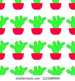 Vector seamless pattern with cactus. Bright repeated texture with green cactus in flower pot. Natural background with desert plants.