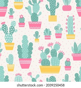 Vector seamless pattern with cactus and dots. Cute hand drawn background. Cactuses in pots on a light background. Illustration in flat syle.